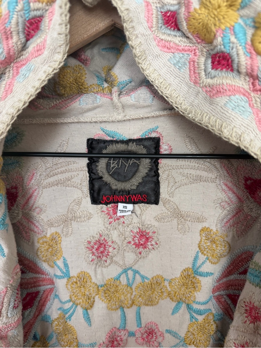 Johnny Was Biya Embroidered Hooded Cardigan Sweater - Neutral with Pink & Yellow - Picture 2 of 4